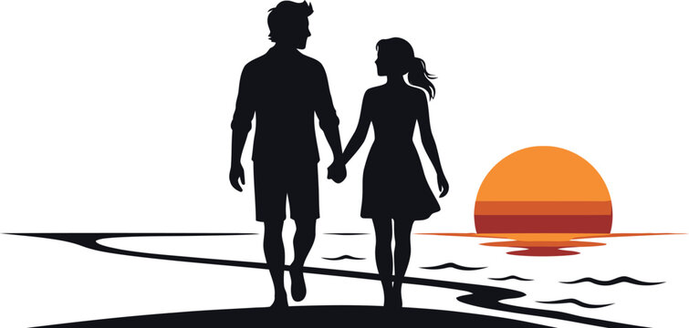 Silhouette of romantic couple walking on the beach holding hands

Man and woman strolling along shore during sunset beach silhouette

Lovers holding hands walking by the sea at sunset vector illustrat