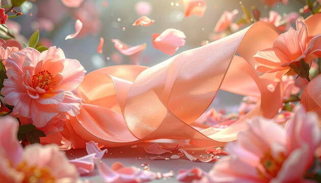 Elegant floral arrangement with flowing ribbon and scattered petals