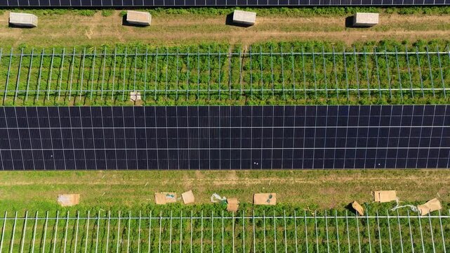 Solar Farm Aerial Zoom Out Panels Installation Green Landscape