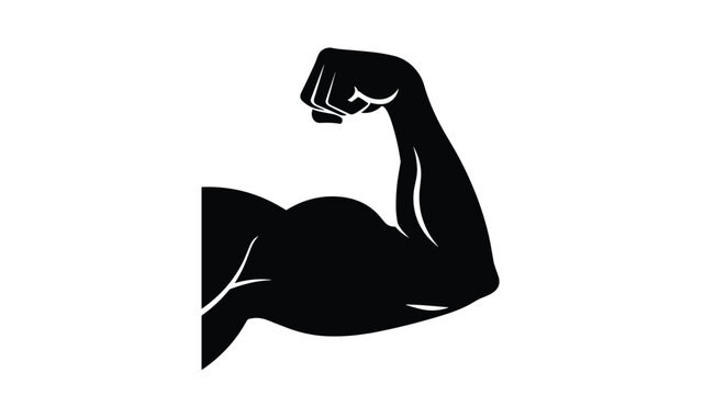 Powerful black silhouette of a muscular arm flexing its bicep representing fitness strength bodybuilding and health at a gym or studio.
