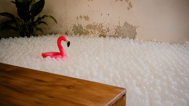 Pink Flamingo Float in White Ball Pool for Indoor Playroom and Surreal Leisure Concept