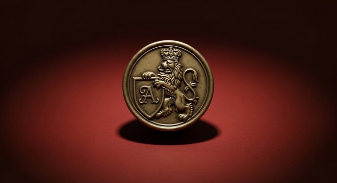 Emblem of a lion and shield design on a dark red background