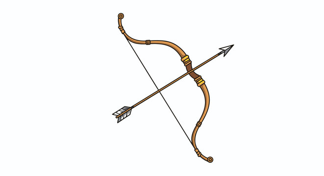 Diagonal view of a classic archery bow and arrow set representing precision sport competition and traditional hunting skills on a white background.