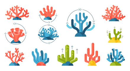 Flat Design Coral Vector Icon Set with Growth and Cycle Elements © sitimmk