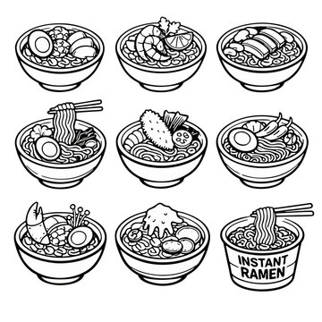 Black and white line art illustration of various ramen bowls with diff