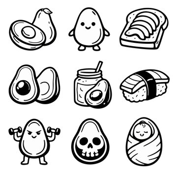 black and white hand-drawn cartoon food icons set with avocado egg bre
