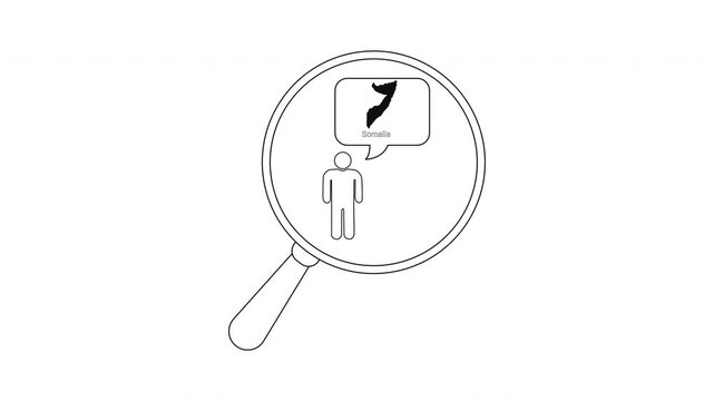 Magnifying glass over person thinking about Somalia map outline.