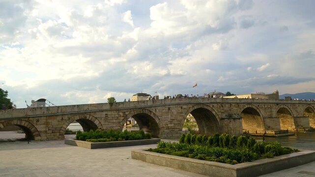 Timelapse view of the stone bridge over the Vardar River in Skopje, North Macedonia