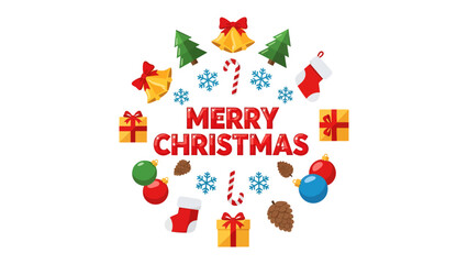 Naklejka premium Festive Christmas Collage: A vibrant circular arrangement of classic Christmas icons, including gifts, ornaments, stockings, bells, candy canes, and pinecones.