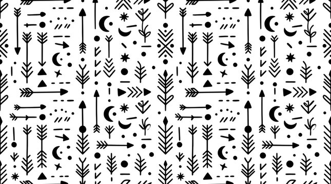 Black celestial boho symbols and arrows pattern.