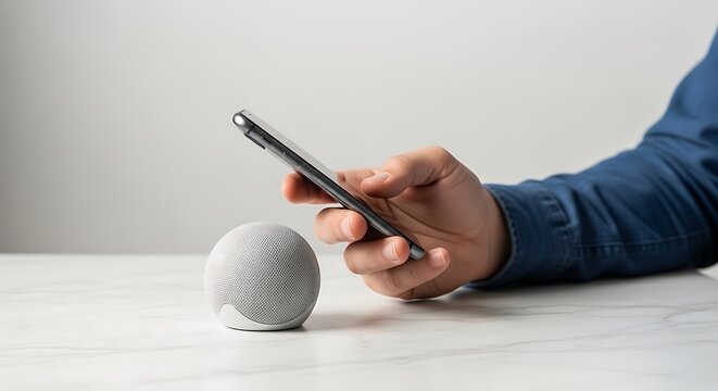 Person interacting with smart speaker device.