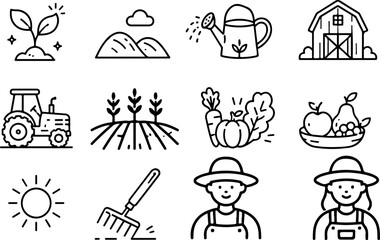 Farming graphic icon set featuring agricultural tools, rural elements, fresh produce and farmer symbols for gardening, cultivation and harvest concepts. Vector illustration. eps © MaxceptArt