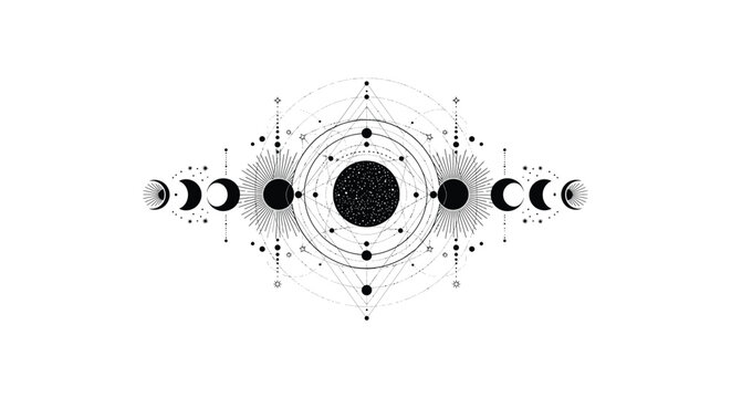Black and white celestial moon phases and geometric design