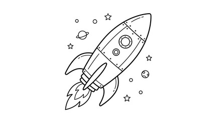 Cartoon space rocket ship launching among stars coloring page. © Tisa