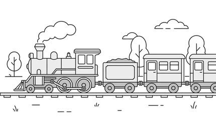 Cartoon steam engine train and landscape line art. © Tisa