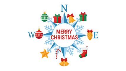 Naklejka premium Merry Christmas Compass Rose: A festive compass rose adorned with traditional Christmas ornaments like baubles, gifts, bells, stockings, candy canes, and a star, guiding a merry holiday message.