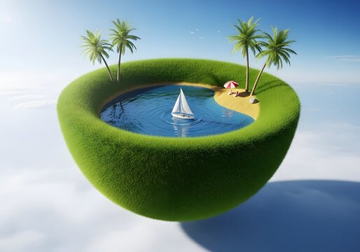 Surreal floating island with grassy landscape sailboat and palm trees in sky