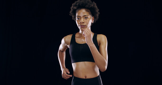 Fitness athlete, african woman or running in studio for marathon training, competition exercise or wellness. Mockup space, runner or cardio workout on black background for performance or healthy body