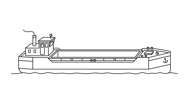 Commercial cargo barge tugboat line art illustration.