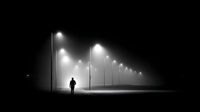 Man walking under street lights.