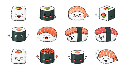 Kawaii Sushi Character Icon Set © huhiyart