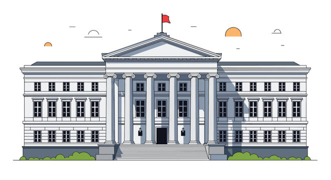 Classical government building design features a grand facade with white columns, a large staircase, and a red flag flying on the roof.