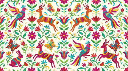 Obraz premium Mexican otomi style seamless pattern with colorful deer, birds, rabbits, and butterflies in vibrant floral arrangement.
