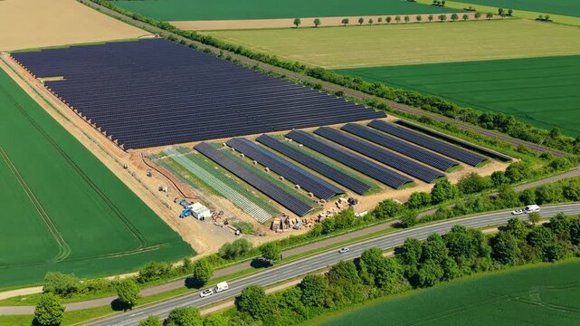 Solar Farm Aerial Pan Rotation Covered Uncovered Panels Landscape