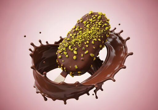 Chocolate coated ice cream bar with pistachio nuts and liquid chocolate splash