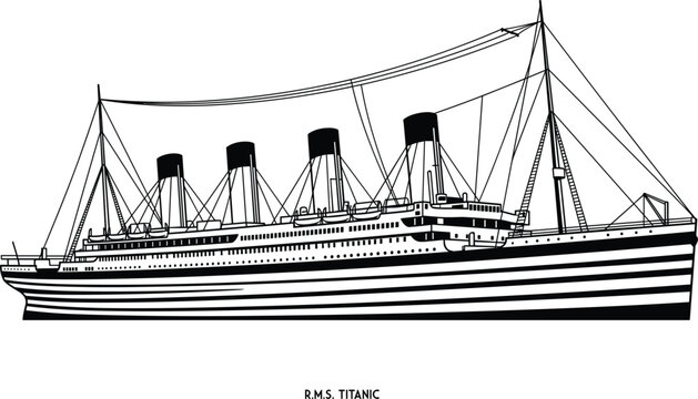 RMS Titanic ocean liner cruise ship black and white vector line art illustration isolated on white background