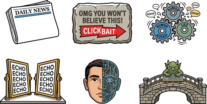 Fake News and Misinformation Vector Set Featuring Newspaper Clickbait Sign Rumor Gears Echo Chamber Mirrors AI Deepfake and Internet Troll under Bridge