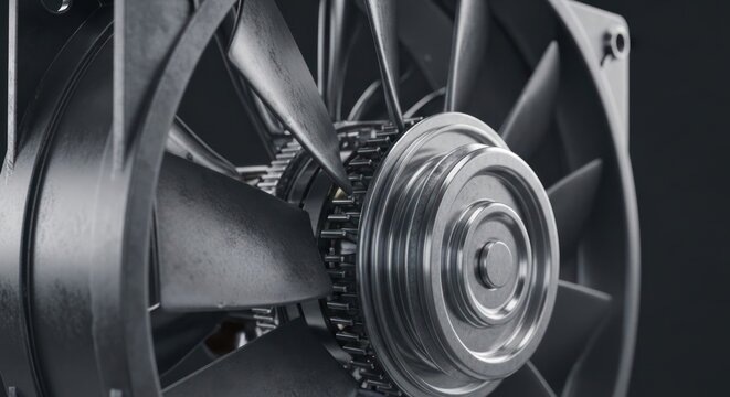 Close-up of a powerful black computer cooling fan with intricate details and metallic center.