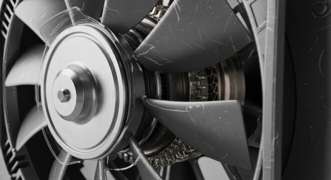 Close-up of a powerful computer cooling fan with metal blades and a central hub.
