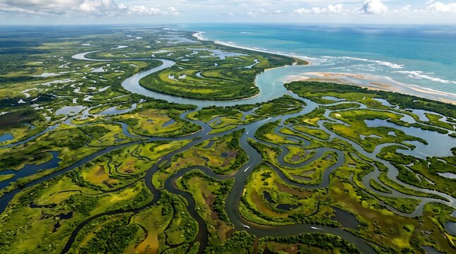 Aerial view of winding rivers and lush greenery meeting the ocean's sandy shore.