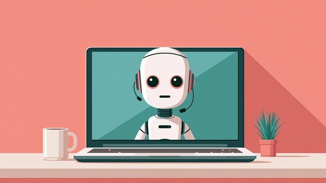 Friendly robot on laptop screen with headphones, remote support