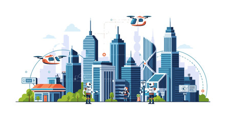 Obraz premium Futuristic smart city skyline with autonomous drones, robots, and modern architecture, representing technological advancement and urban innovation.