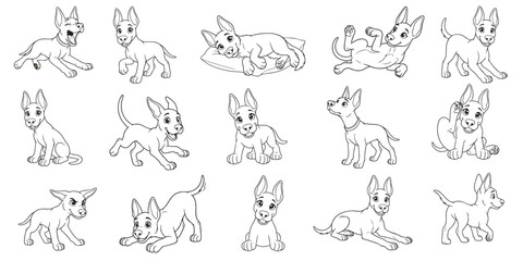 Cute puppy dog character coloring book page line art set with playful cartoon hound poses isolated on white background © Meyto Elements