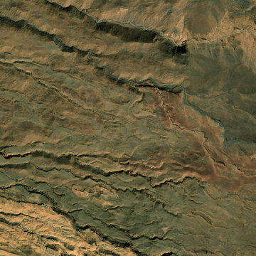 High resolution satellite map - Aerial view featuring mountains covered in lush green forests blending into flatter