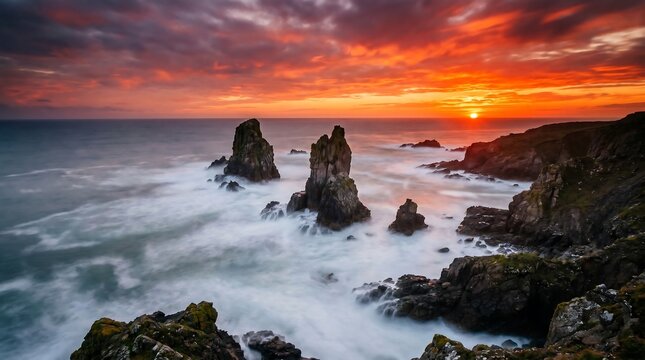 Dramatic sunset over rocky coastal cliffs with waves crashing against formations.