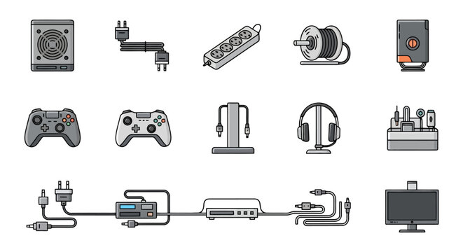 Collection of pixel art icons representing various computer hardware, gaming peripherals, and electronic accessories, arranged in a grid.