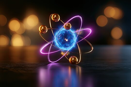 Glowing atomic model with vibrant orbiting electrons and luminous core