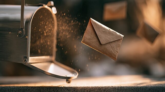 An envelope flies out of an open, metallic mailbox, suspended in air