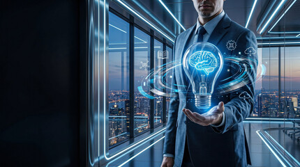 Naklejka premium Businessman holding holographic lightbulb with brain, innovation and AI technology concept in modern futuristic office with city view