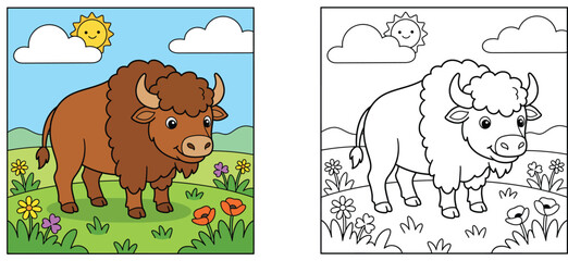 Bison Coloring Book Page for Kids with Colored Example, Cute Buffalo Cartoon Character in Meadow Vector Illustration © MSTA