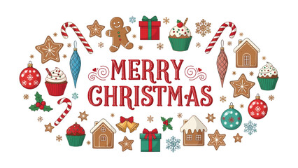 Fototapeta premium Festive Christmas Collage: A charming arrangement of festive Christmas elements including gingerbread cookies, candy canes, ornaments, gift boxes, and cupcakes.