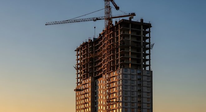 A high-rise building under construction featuring a tall tower crane at sunset, showcasing the progress of a modern urban immeuble chantier project