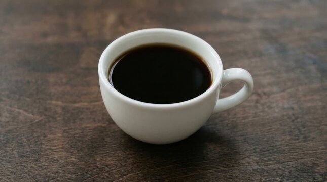 Close-up of a white coffee cup filled with dark coffee on a wooden table.