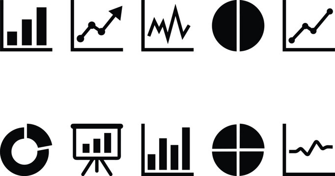 Line and bar graph icons for data tracking including pie charts and presentation board symbols set design.