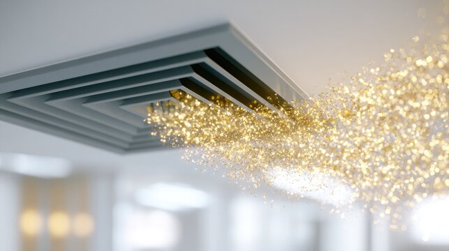 Golden particles stream from a square ceiling air vent