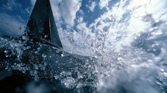 A close-up perspective of a vessel's bow cutting through turbulent ocean waves